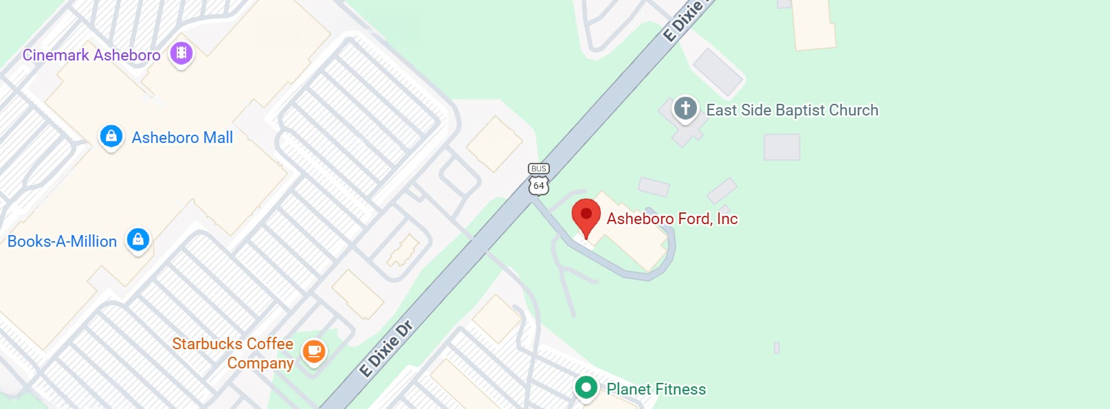 Map showing the location of Asheboro Ford in Asheboro, North Carolina